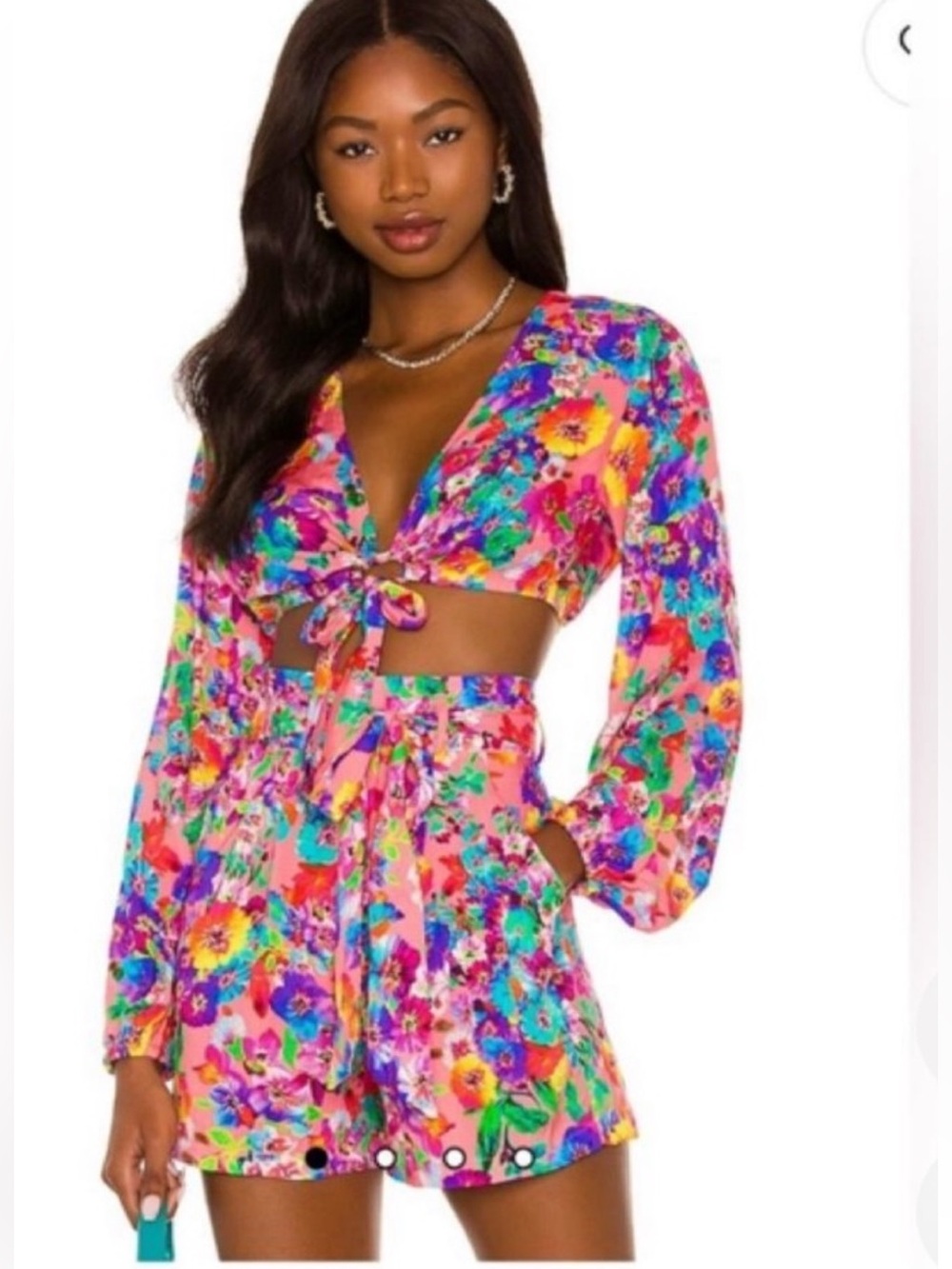 Luli Fama Revolve Vibrant Floral shorts and Front Tie Crop Top Sz small